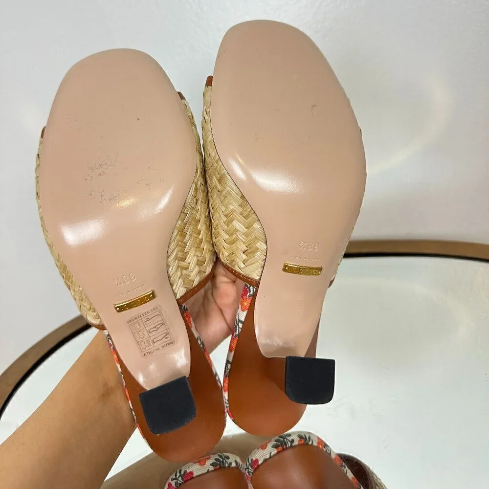 GUCCI Mabel Leather-trimmed Raffia Mules in Beige Size 8.5US / 38.5EU